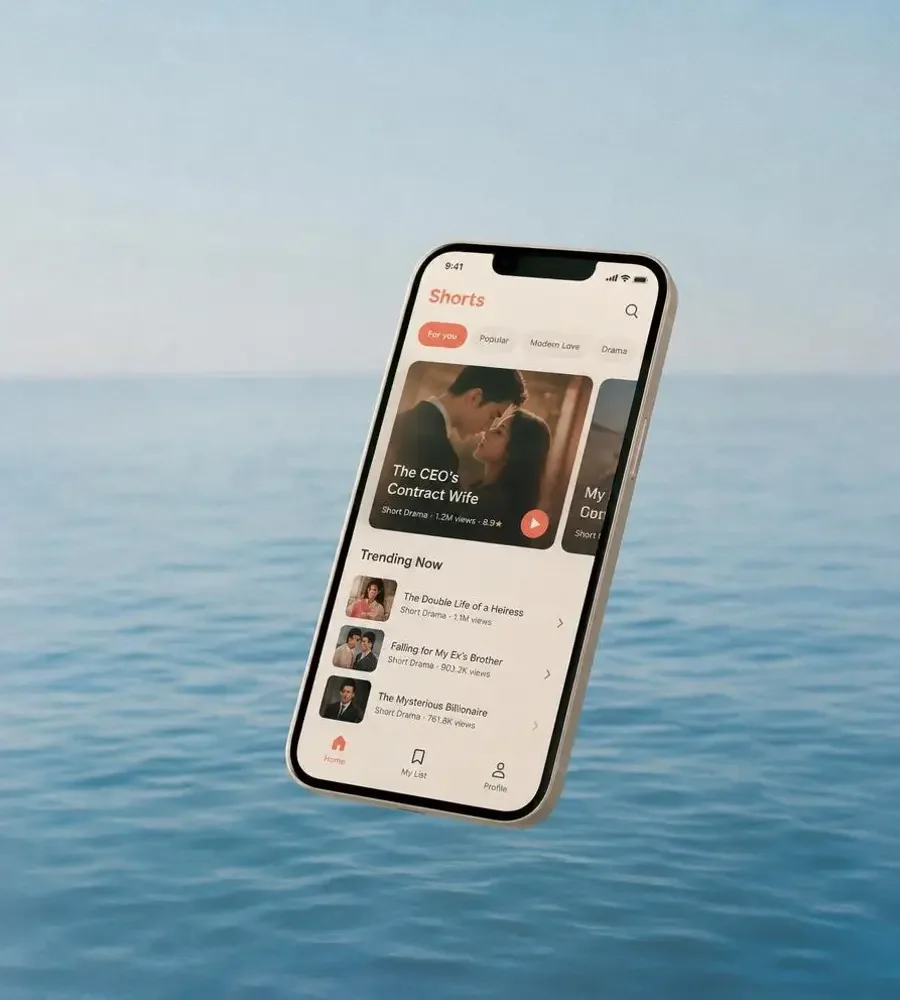 爱看电影网 App 界面展示:悬浮在湖蓝色海面上的手机,屏幕为极简短剧界面