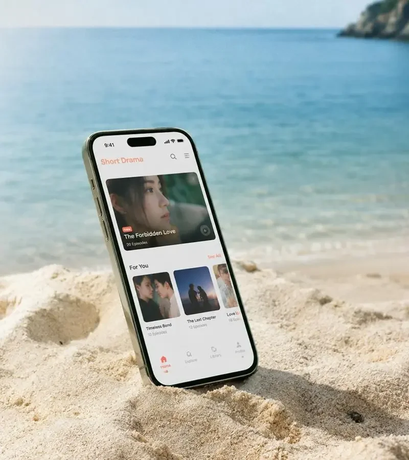 爱看电影网 App 界面展示：置于细沙上的手机与湖蓝海面背景